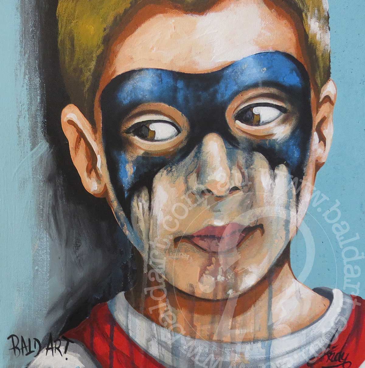 A painting of a young boy with a tornado mask, creating a bold and contemporary visual piece.