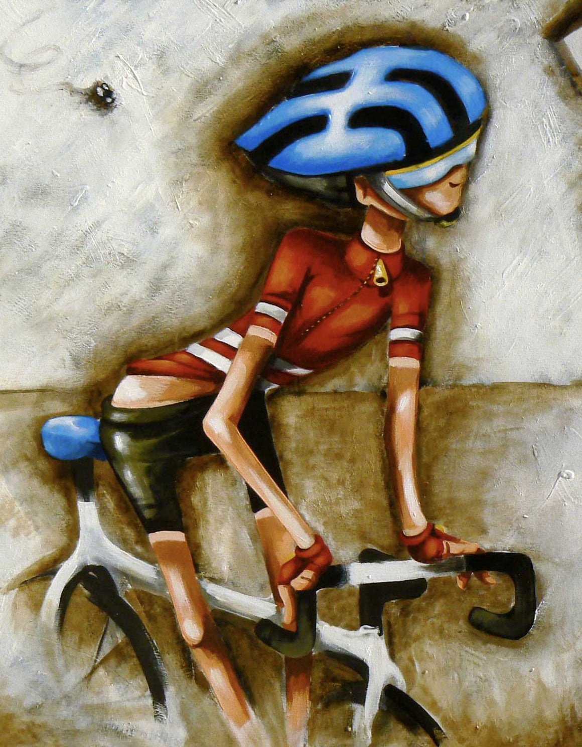 Contemporary painting of a cyclist in a red jersey and a blue helmet by Bald Art – original bicycle artwork.