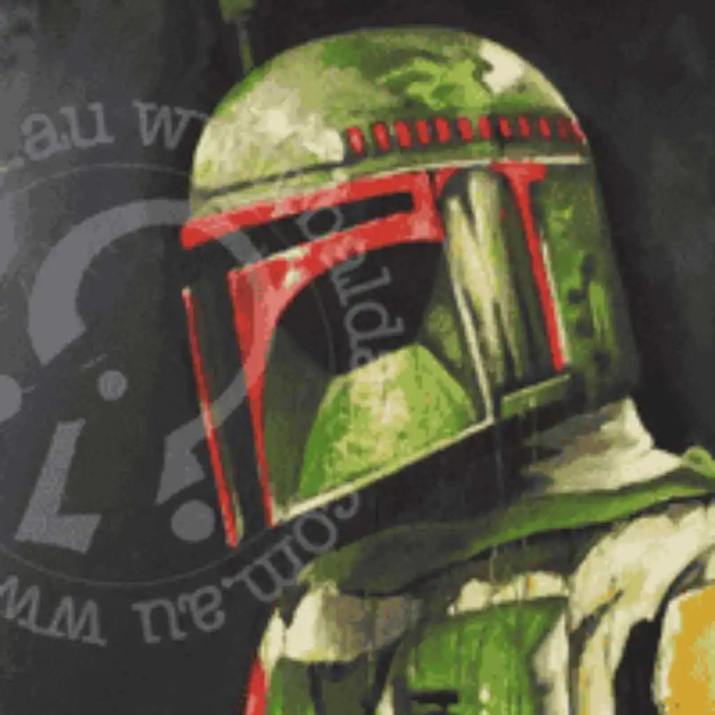 Contemporary painting of a green and red sci-fi helmet – Star Wars inspired artwork by Bald Art.