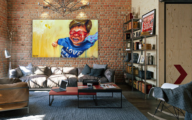  A painting of a boy wearing a blue shirt, displayed on a wall.
