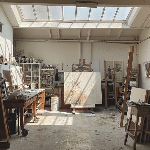 Art studio with easels, canvases, and painting supplies under a large skylight.