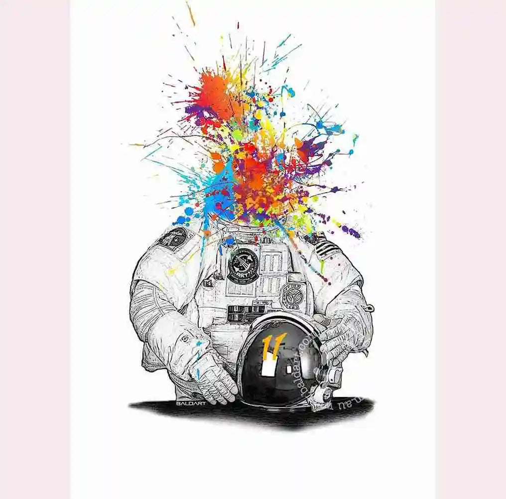 Illustration of a robot with colorful splashes on a white background.
