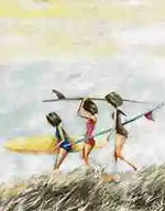 Two people with kayaks on their shoulders walking along a beach.