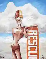 Person in superhero costume with 'Rescue' banner against a blue sky