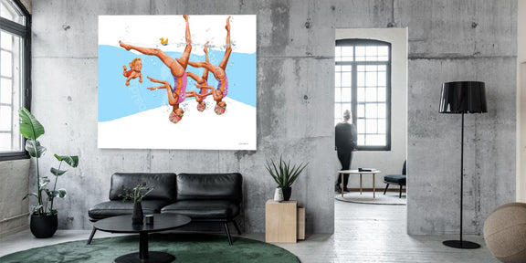 Modern living room with a large abstract painting on the wall.