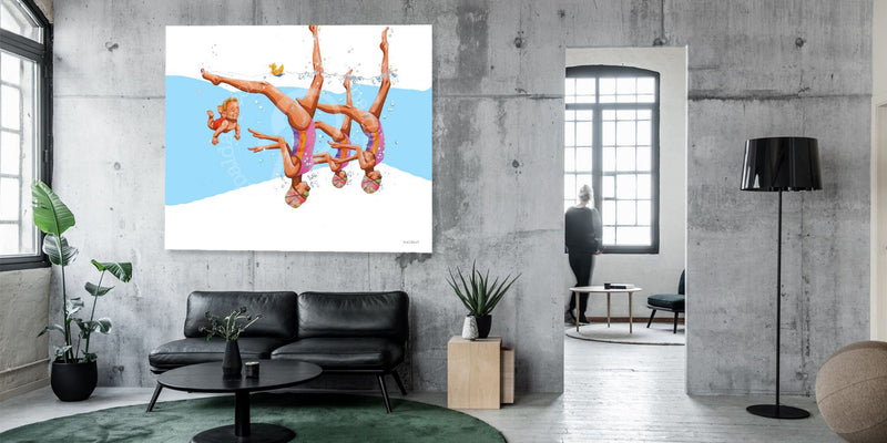 Modern living room with a large abstract painting on the wall.