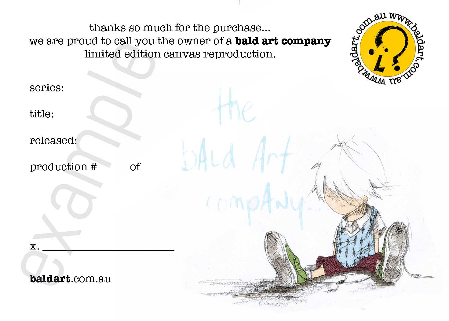 Cartoon character sitting on the ground with text and a logo for bald art company.