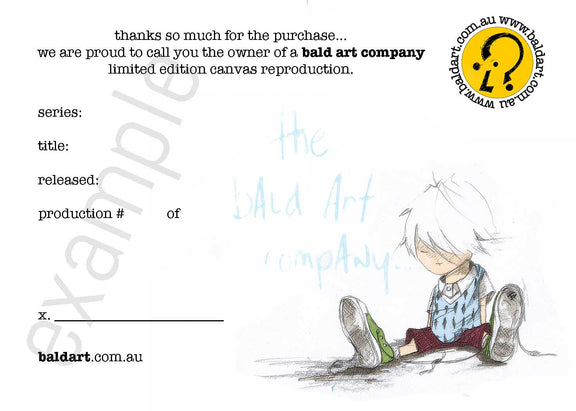 Cartoon character sitting on the ground with text and a logo for bald art company.