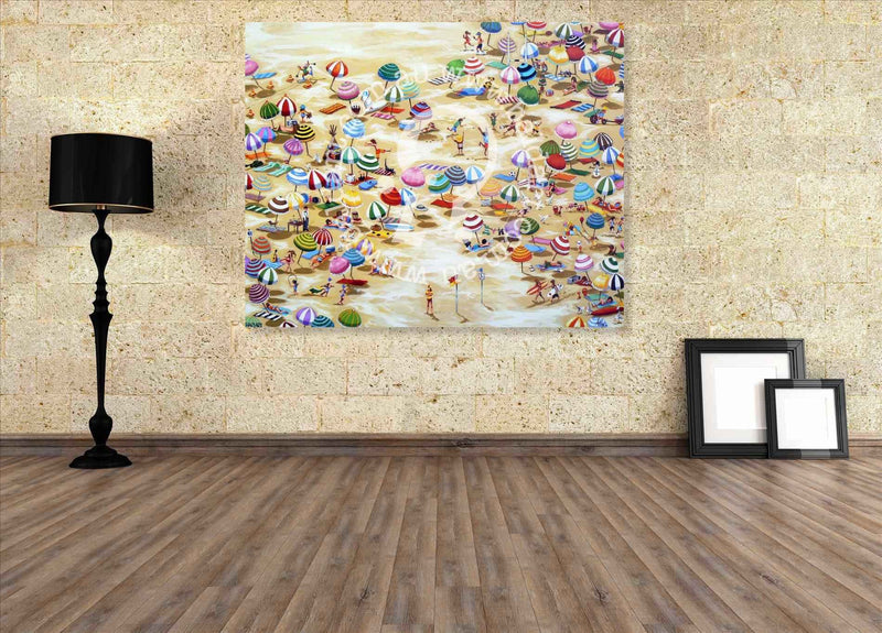 Beach scene painting on a wall in a room with wooden floor and black lamp.