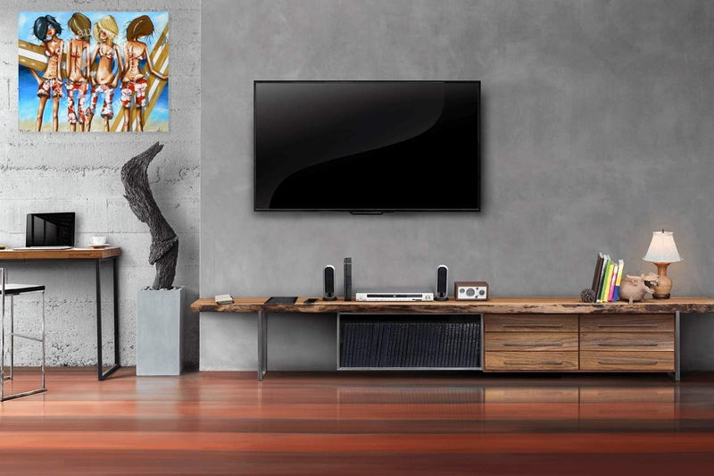 Modern living room with a TV mounted on the wall, wooden entertainment console, and decorative items.