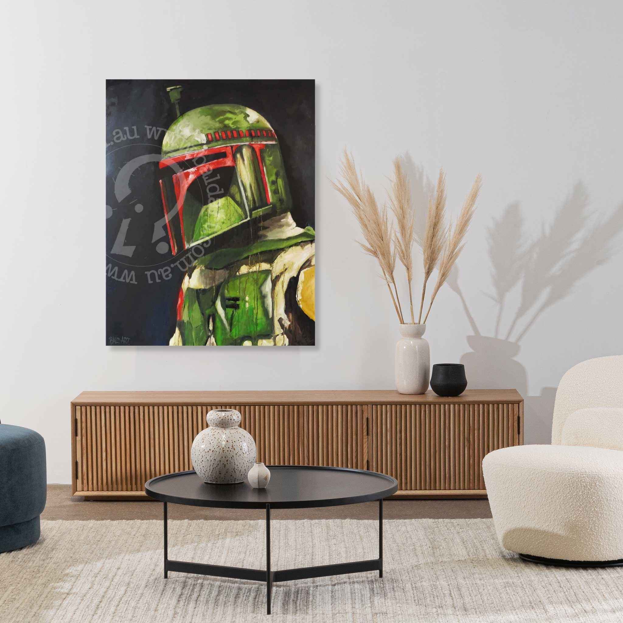 Futuristic helmet painting on a wall above a coffee table in a living room.