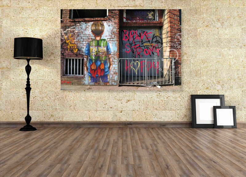 Room interior with a large wall art piece depicting a person looking at graffiti.