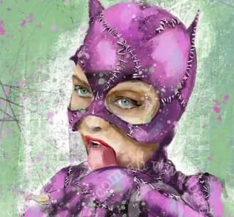 A playful, close-up pop culture painting of Catwoman, wearing a stitched purple mask, licking her tongue, with a textured green and pink background.