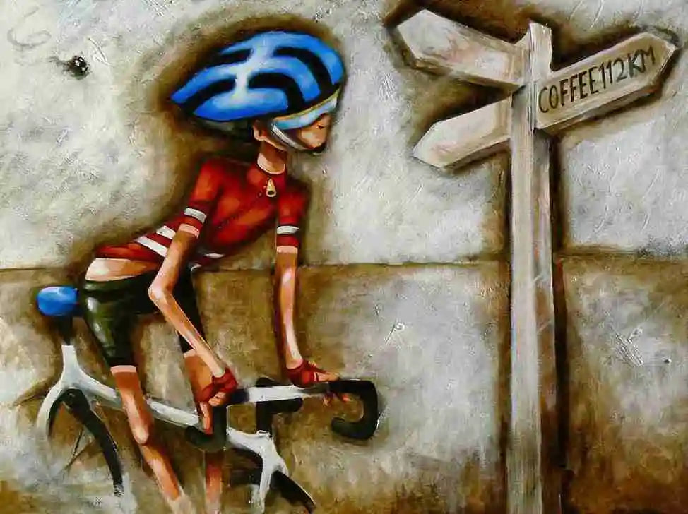 Abstract painting of a cyclist with a helmet and a signpost in the background