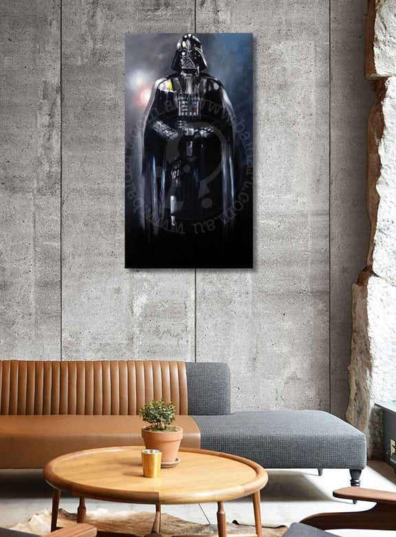 Darth Vader painting on a concrete wall above a modern living room setup.
