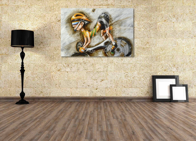 Bicycle painting on a wall in a room with wooden floor and lamp.