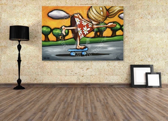 Colorful abstract painting of a figure on a skateboard in a room with a lamp and picture frames.