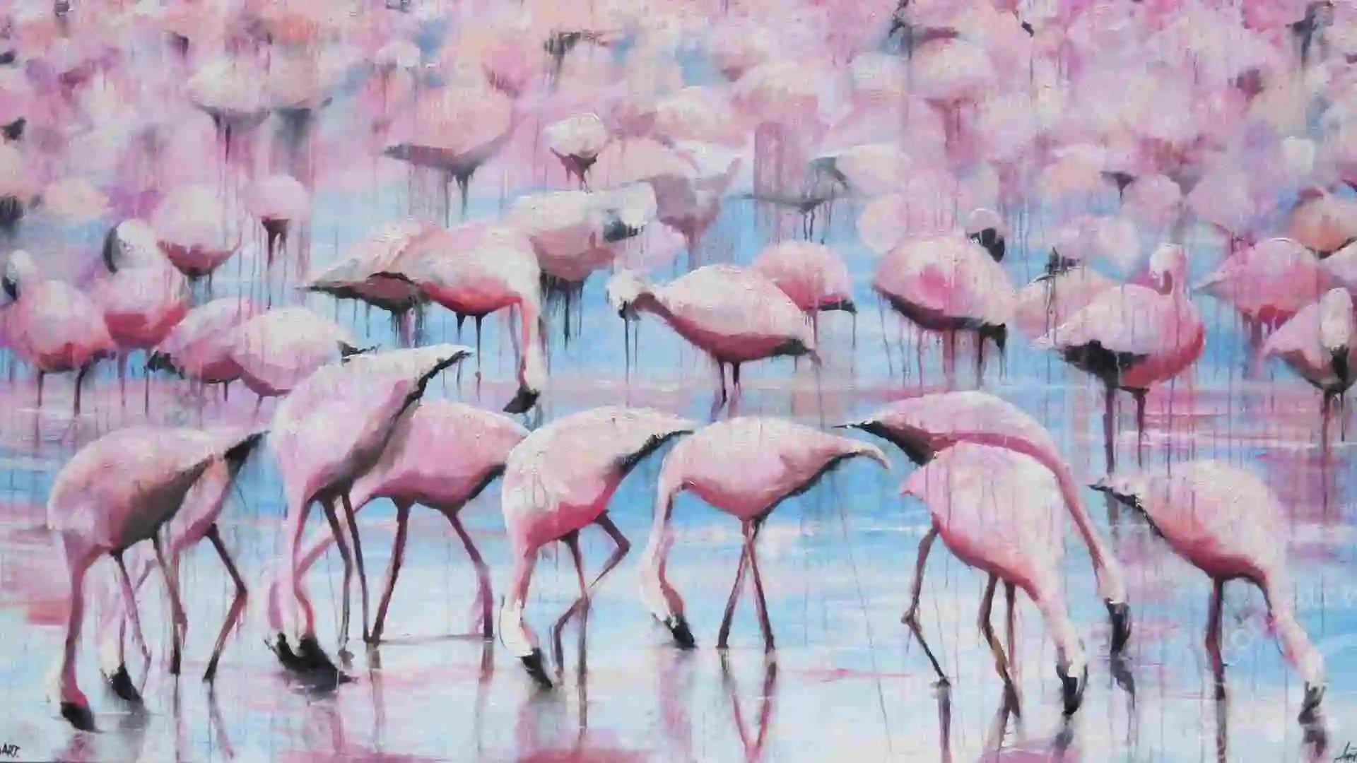 Artistic depiction of pink flamingos on a colorful background.