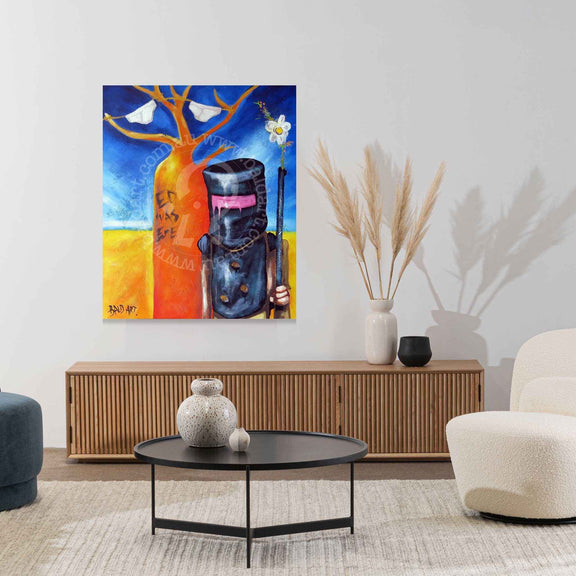Colorful abstract painting on a wall above a wooden cabinet with decorative items.