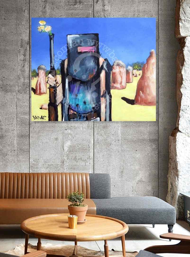 Abstract painting on a concrete wall above a modern living room setup with a sofa and coffee table.