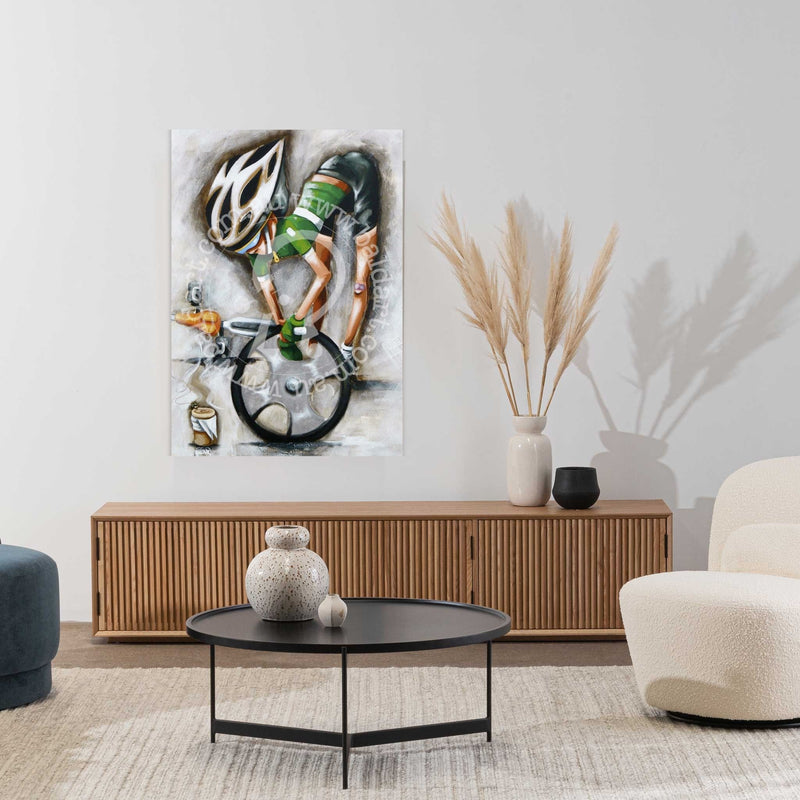Stylish living room with vibrant bicycle wall art by Bald Art, depicting six cyclists riding together in bright jerseys from The Cycle Series.