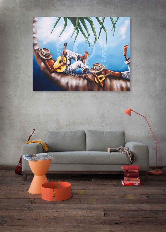 Living room with a large painting of musicians on a wall above a sofa.