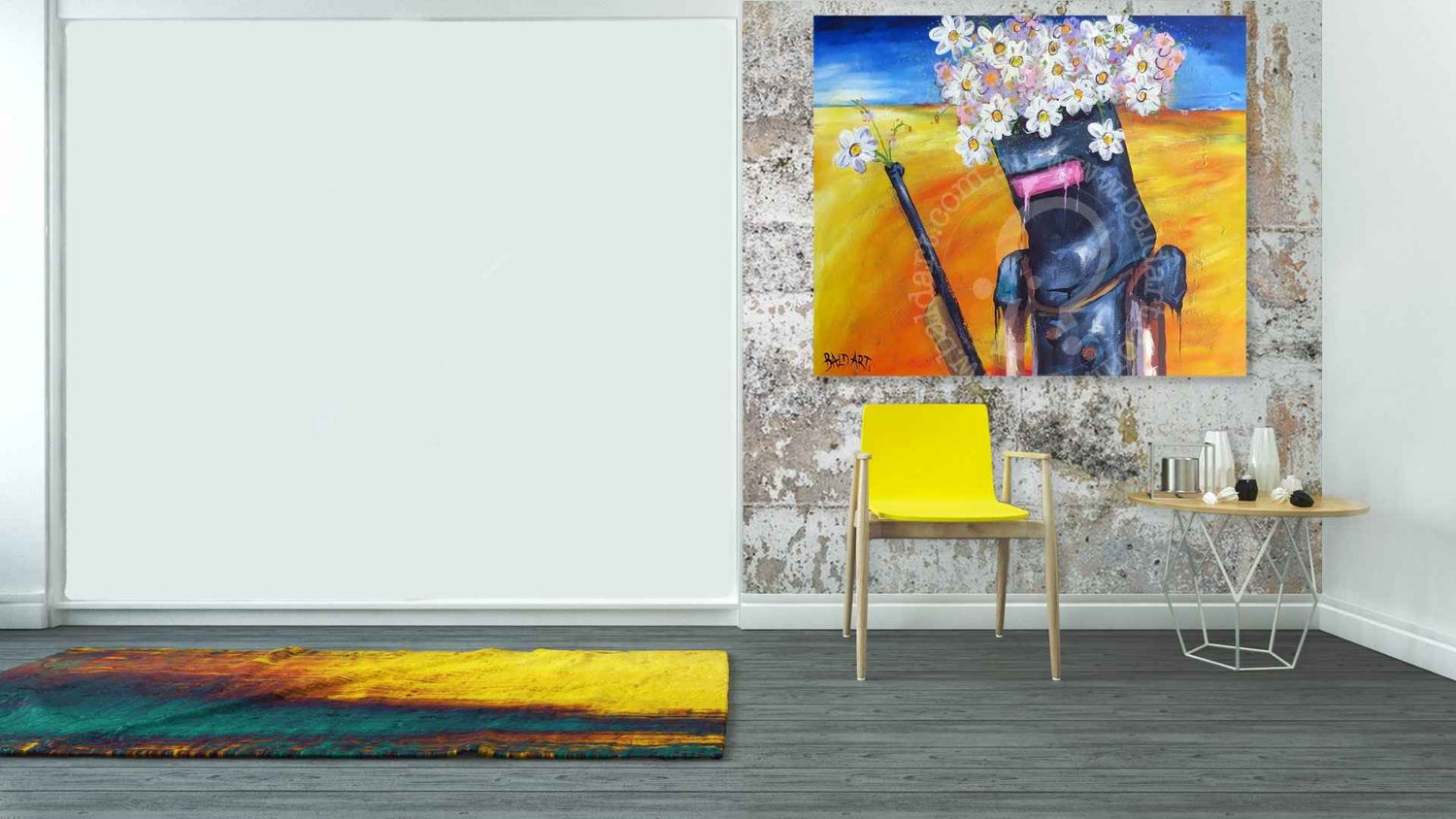 Colorful painting of a dog with flowers on a wall in a room with a yellow chair and small table.