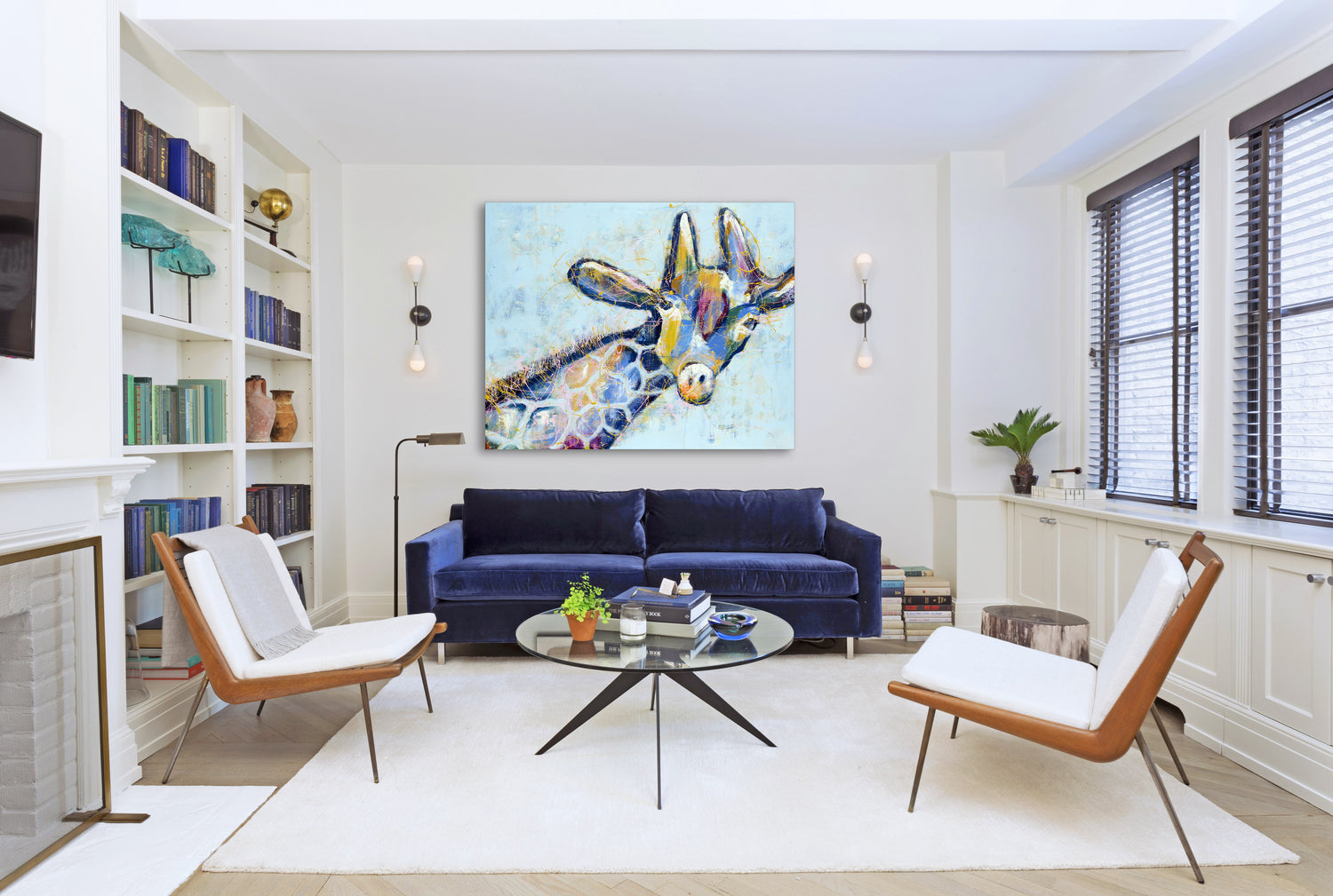 Abstract painting of a giraffe set against a vibrant blue background, showcasing bold colors and fluid shapes.