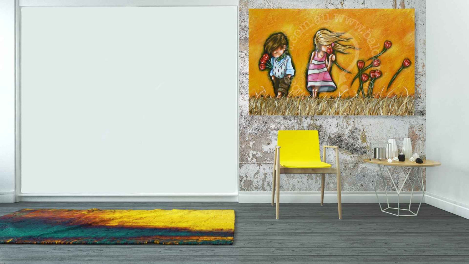 Room interior with a colorful painting of two children and flowers on a wall, a yellow chair, and a small table.