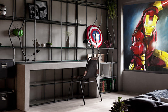 A modern bedroom showcasing a large Iron Man artwork on the wall, enhancing the room's superhero theme.