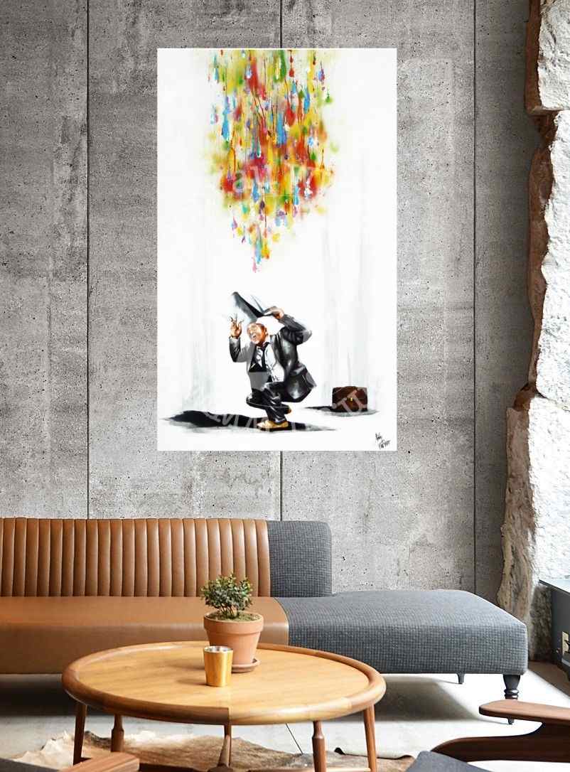 Colorful abstract painting on a gray wall above a sofa and coffee table.