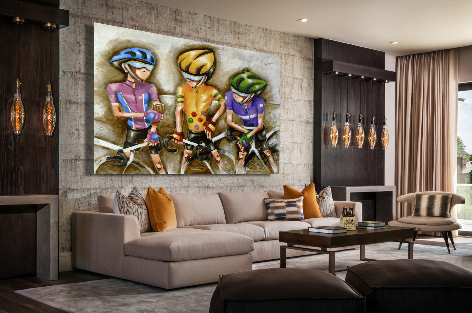 Vibrant contemporary bicycle wall art by Bald Art showing three cyclists in colorful jerseys, displayed in a stylish living room from The Cycle Series.