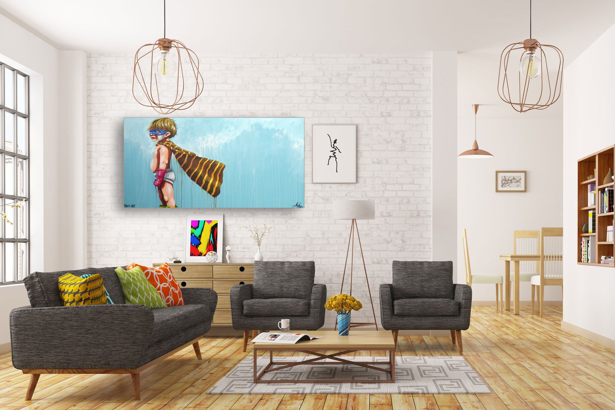 A bright living room showcasing a large painting on the wall, complemented by stylish furniture and warm lighting.