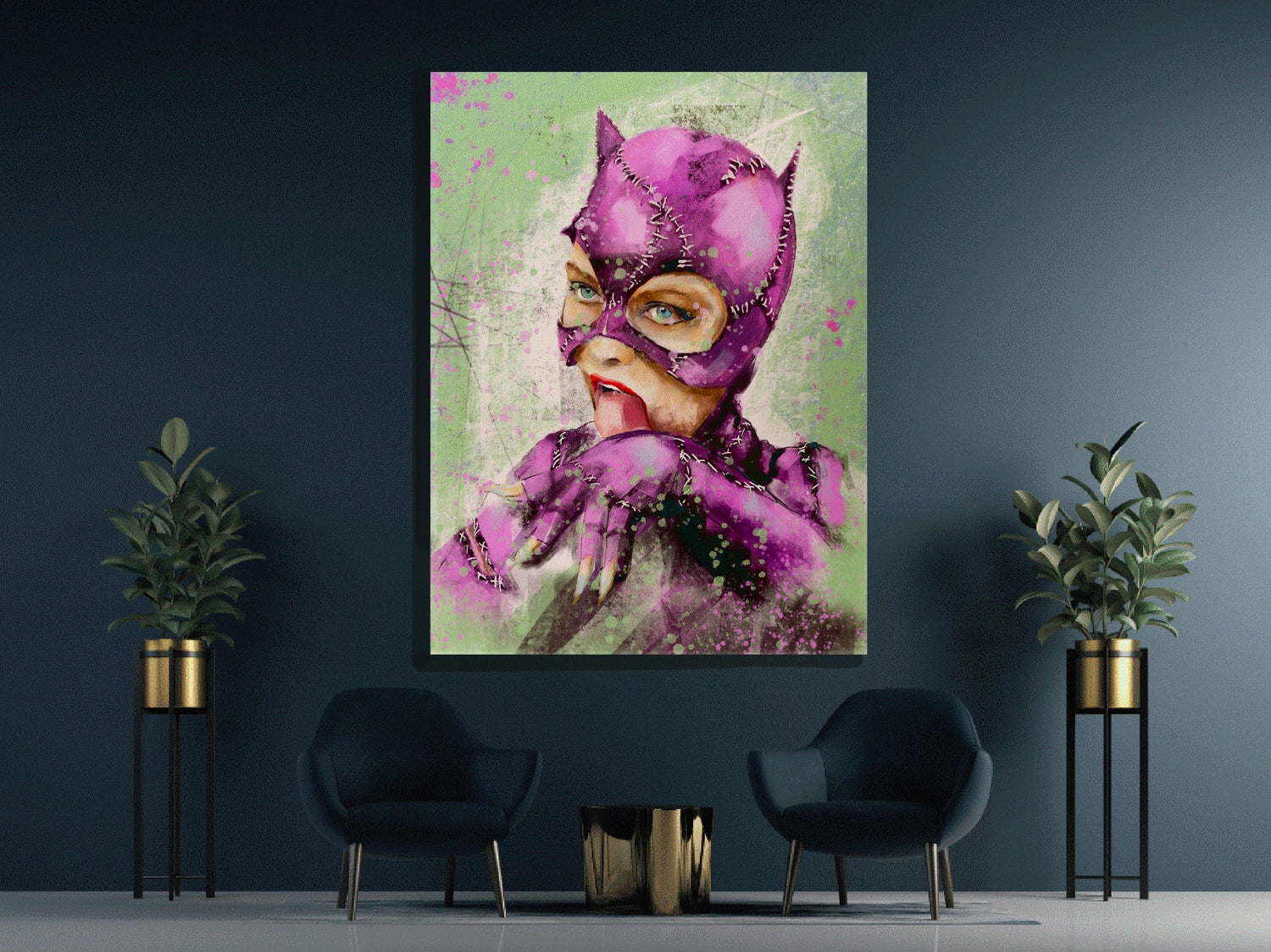 A canvas print featuring an abstract, contemporary portrait of a character in a purple outfit and cat-like face paint, hanging on a blue wall.
