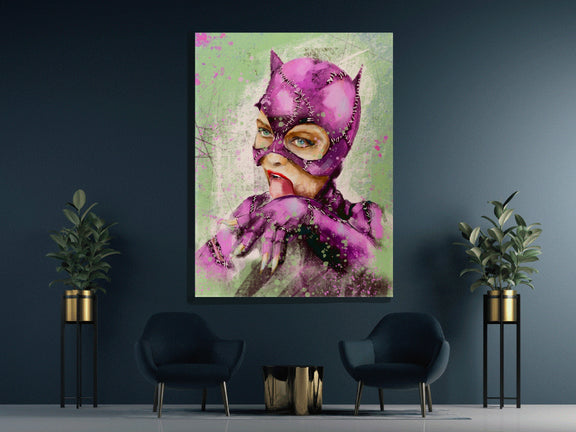 A canvas print featuring an abstract, contemporary portrait of a character in a purple outfit and cat-like face paint, hanging on a blue wall.