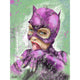 An artwork featuring a woman in a purple cat suit, exuding elegance and strength in a colorful setting.