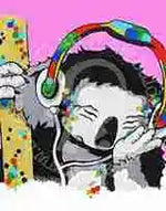 Cartoon character with headphones on a colorful background