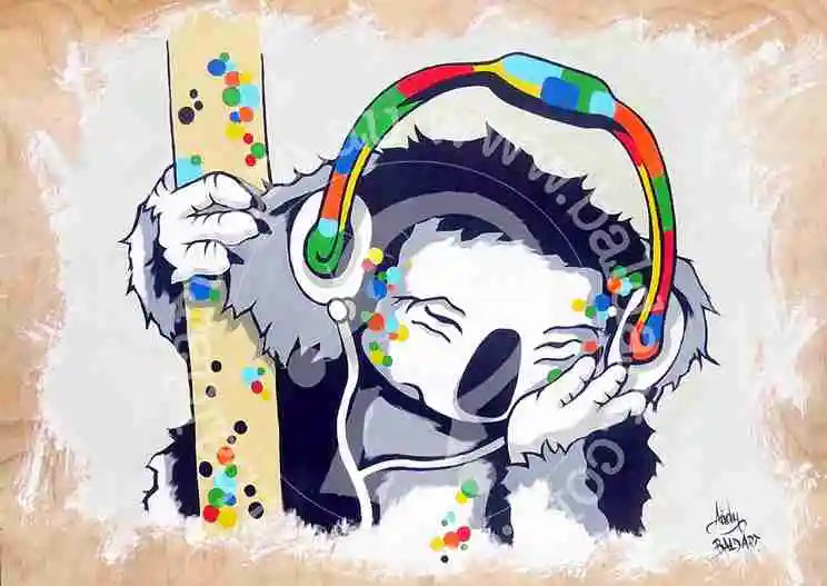Cartoon character with colorful headphones and a rainbow-colored bat on a textured beige background