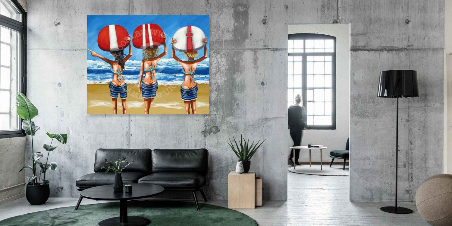 Modern interior with a painting of three people holding beach balls on a wall.