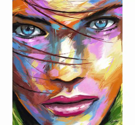 Colorful abstract painting of a woman's face with vibrant colors