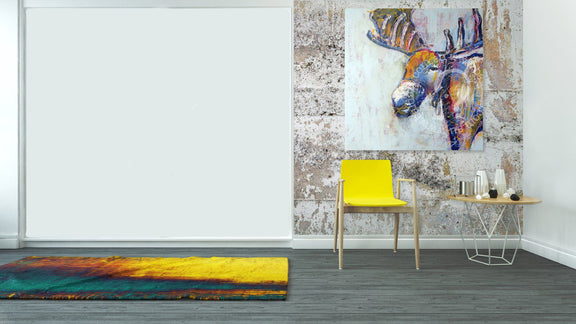 Modern interior with a colorful abstract painting of a moose on a textured wall.