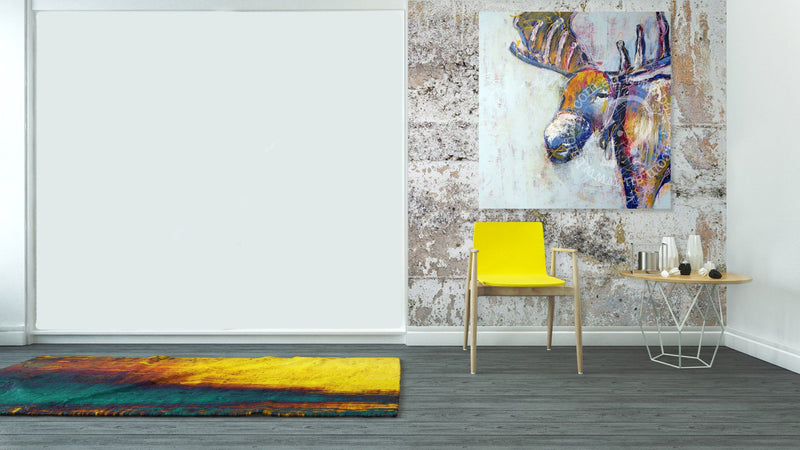 Modern interior with a colorful abstract painting of a moose on a textured wall.