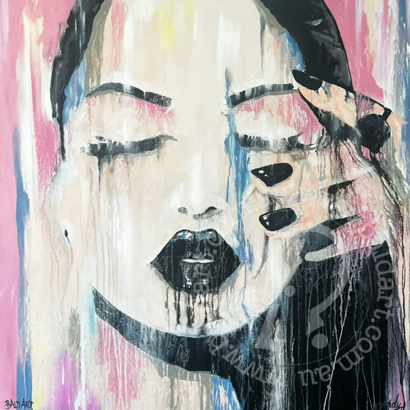 Abstract art piece with a face-like design on a colorful background