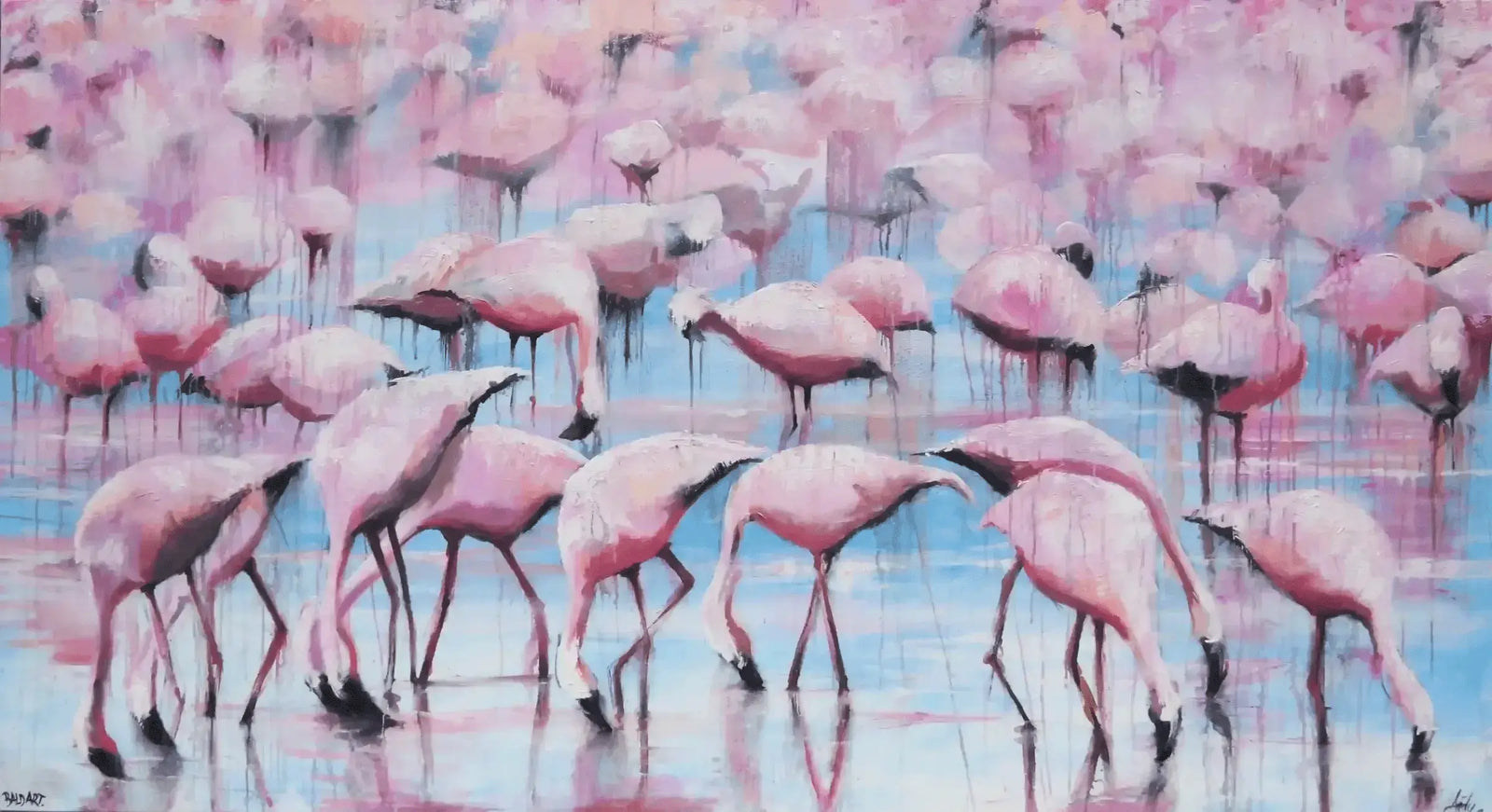 Artistic depiction of pink flamingos on a reflective water surface with a colorful background
