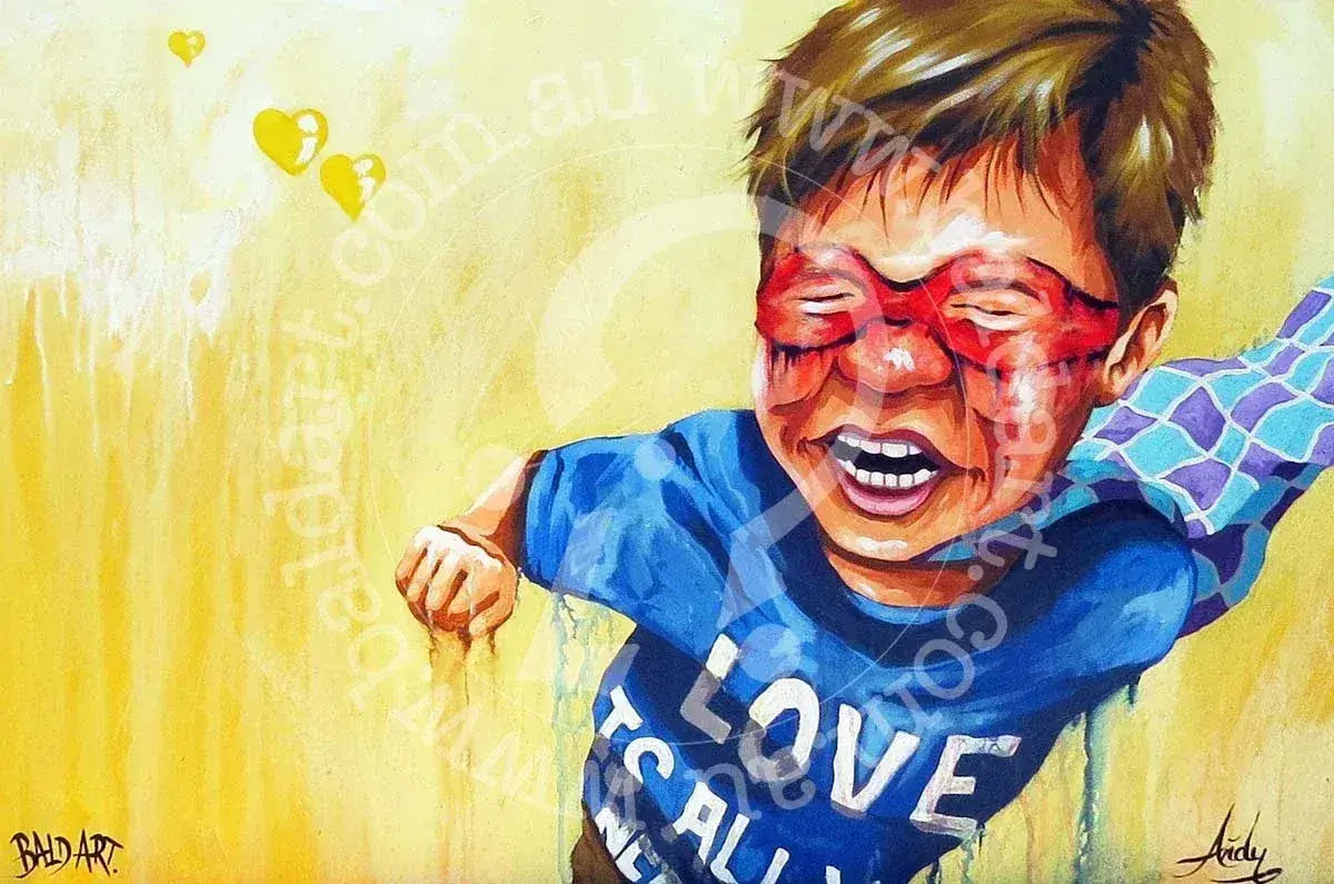 Painting of a child wearing sunglasses with a yellow background