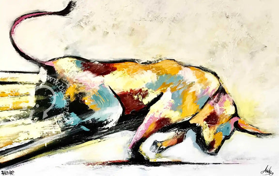 Colorful abstract painting of a longhorn cow on a textured background