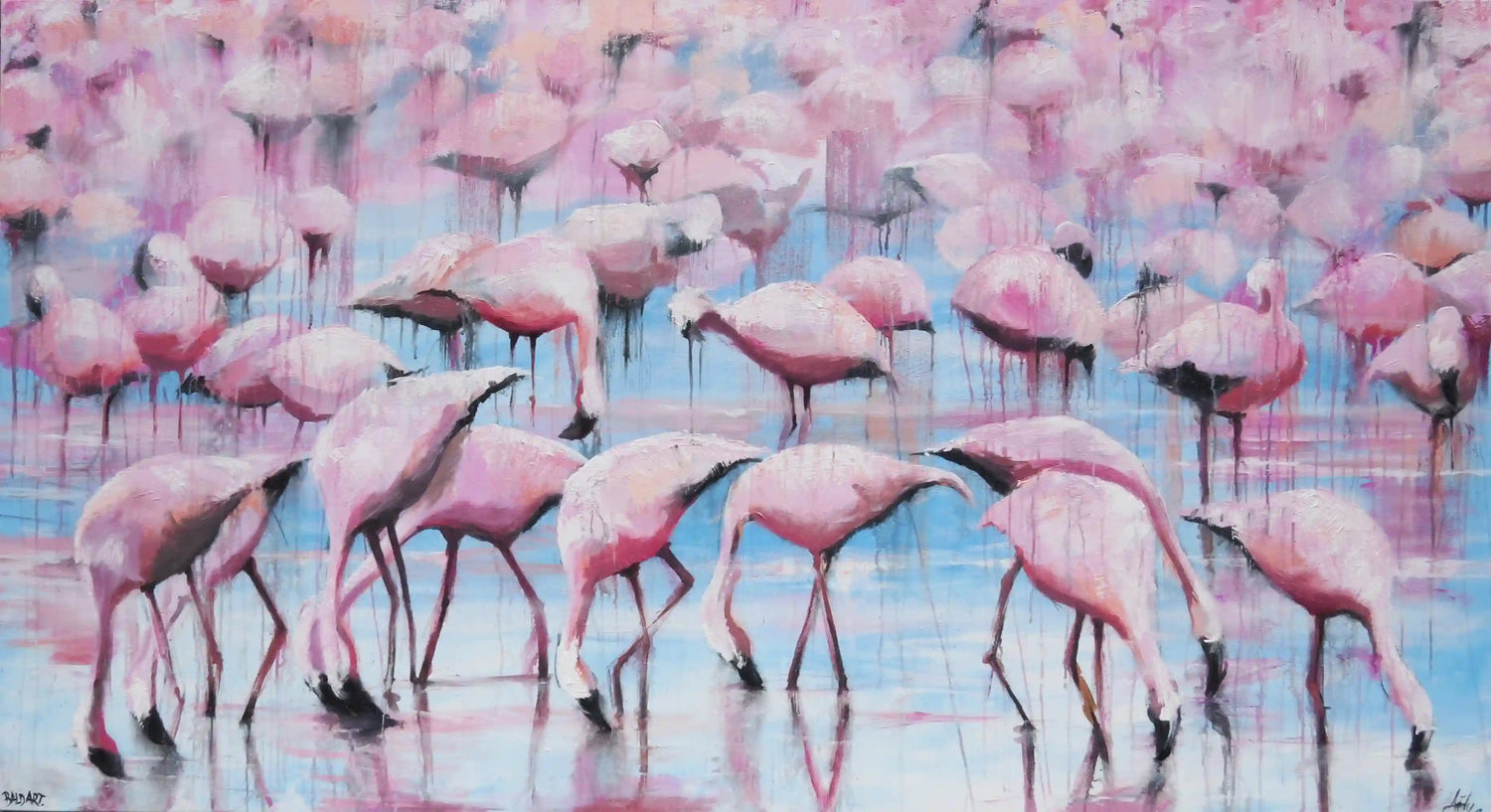 Artistic depiction of pink flamingos on a blue background