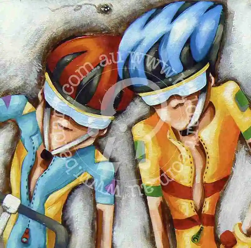 Two animated characters in colorful outfits with helmets, one red and blue, the other yellow and blue, against a textured background.