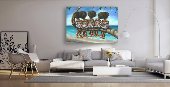 A colorful painting of three women perched on a palm tree, enjoying a serene moment in a tropical environment.