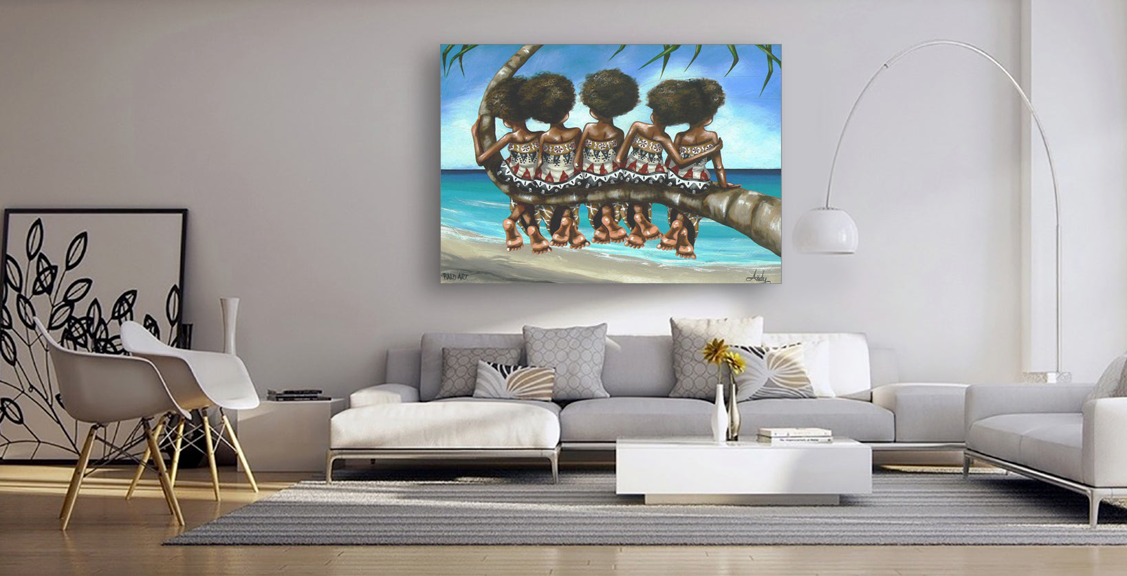 A colorful painting of three women perched on a palm tree, enjoying a serene moment in a tropical environment.